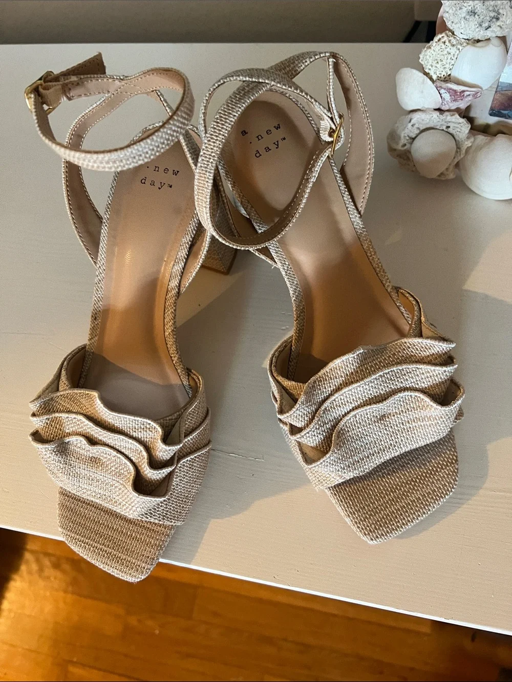 ***NEVER WORN*** a new day Beige Ruffle Block Heel Sandals